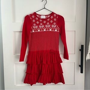 HANNAH ANDERSON | EUC Swedish Snowflake Red Sweater Dress with Knit Ruffles 8